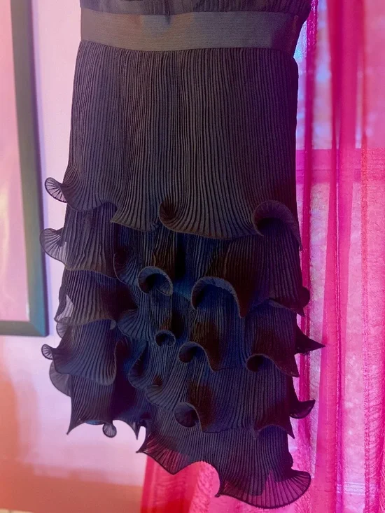 Miss Kelly Prom Dress Black One Shoulder Tulip Tiered Chiffon Women’s Medium - Picture 2 of 3